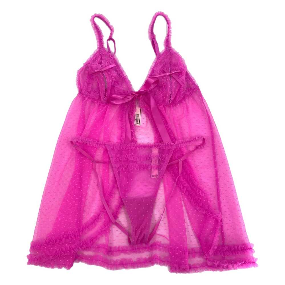 Victoria's Secret Pink Ruffle Polka Dot Mesh Teddy Set | Size L